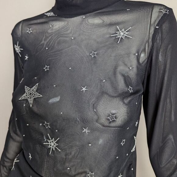 Black celestial mesh top stars embroidered stretch mockneck womens xs - Picture 7 of 8